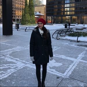 Black puffer coat with faux fur hood